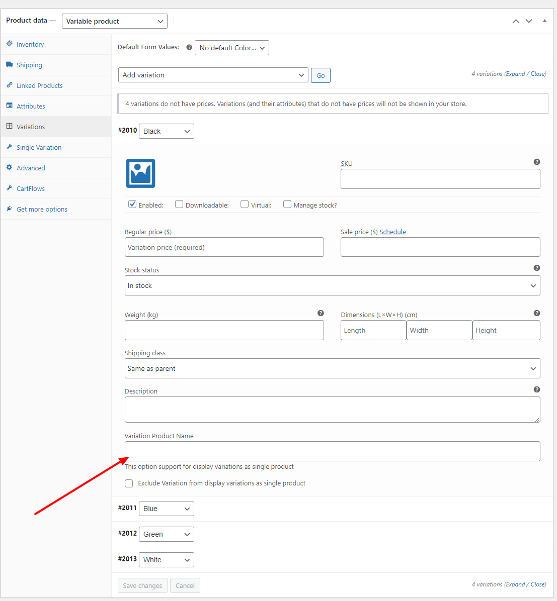 admin product edit page