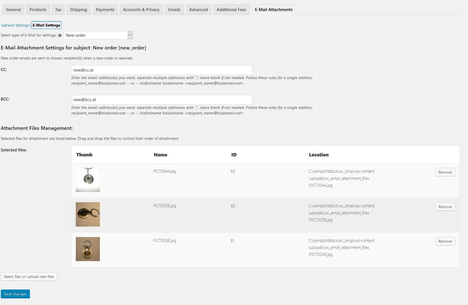 attachments settings page email settings