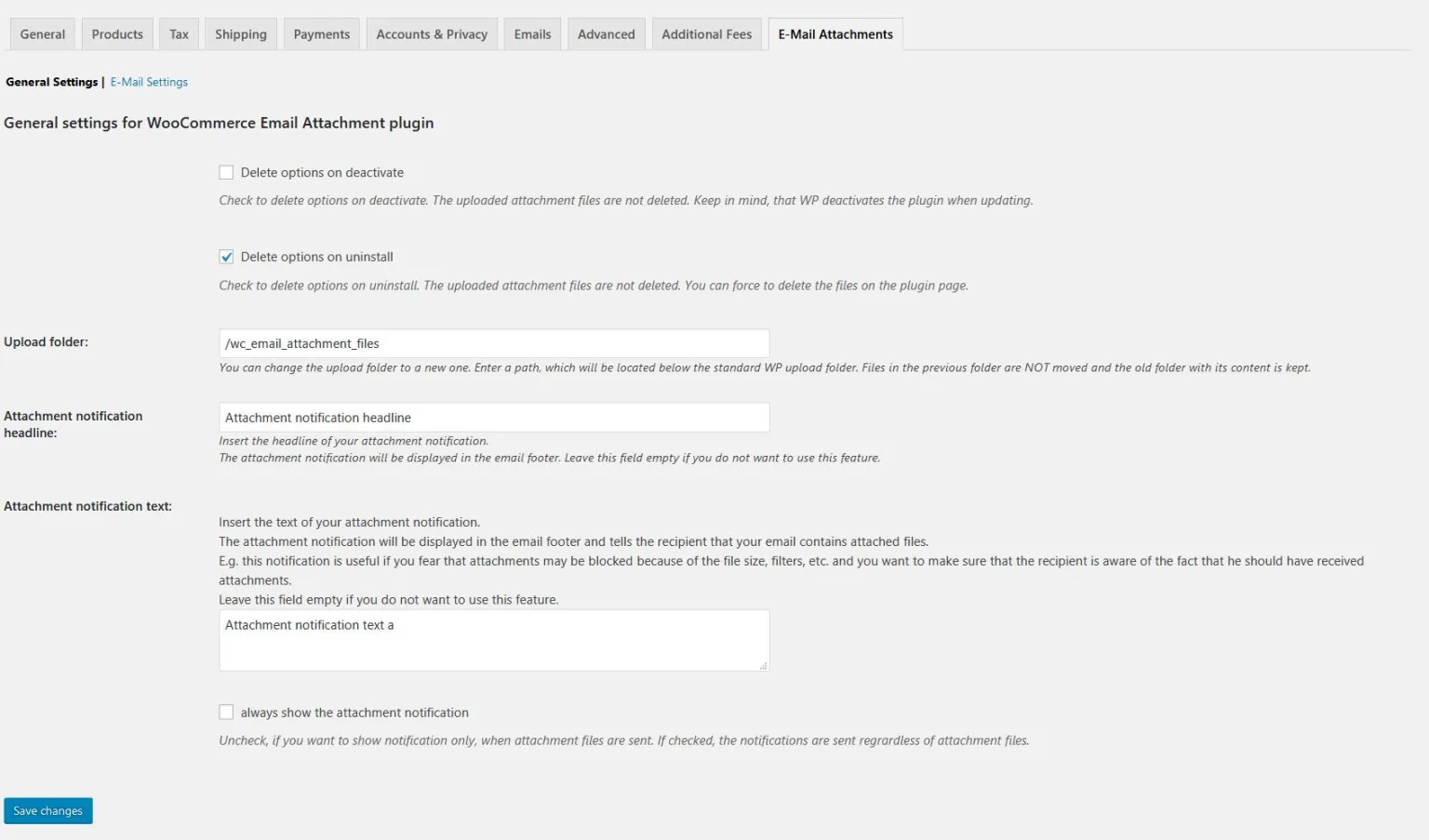 attachments settings page general settings