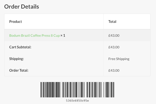 Barcodes Order details