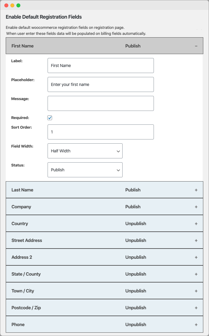 Default Registration Fields