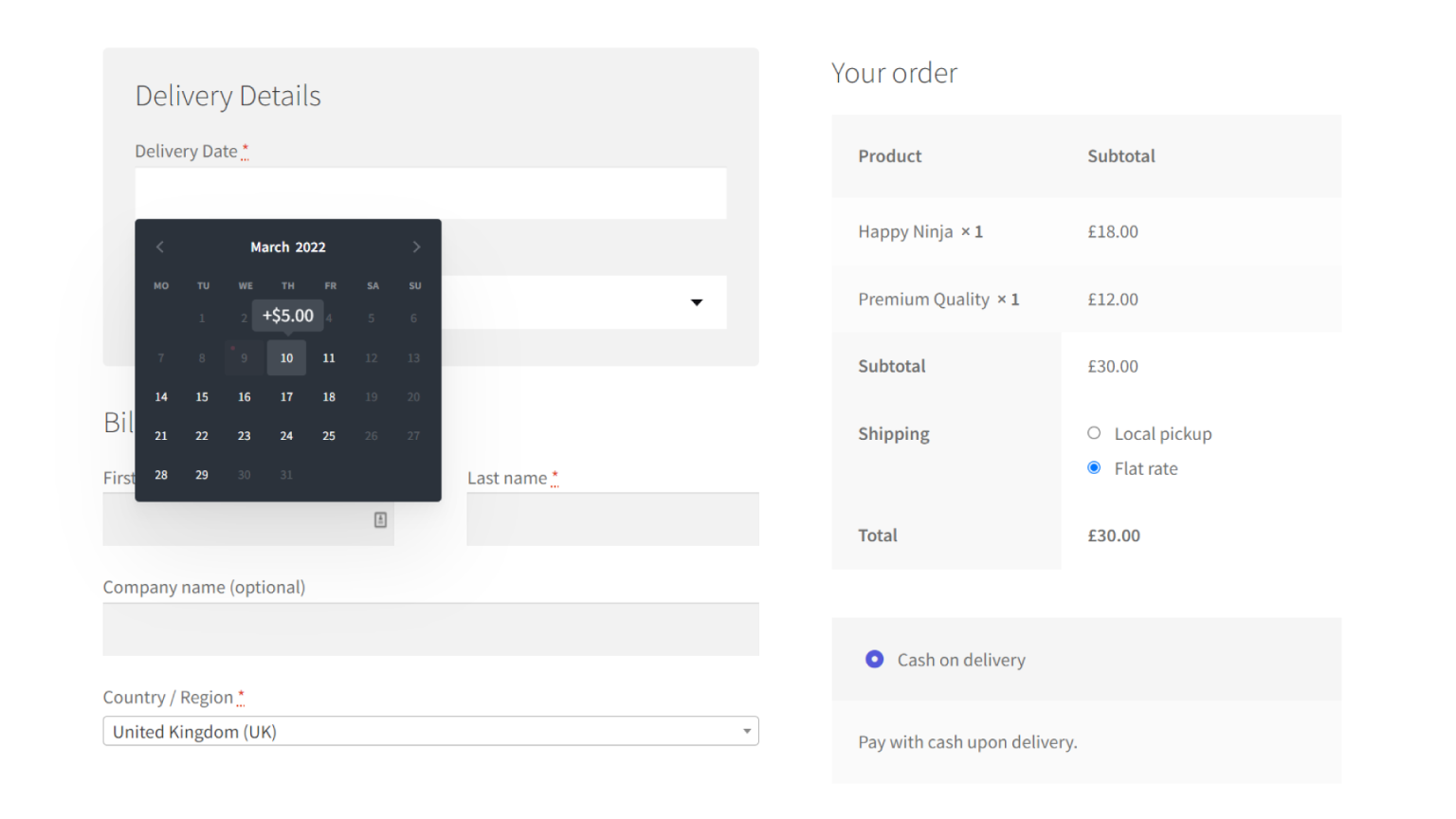 Delivery collection date and time slots at the checkout