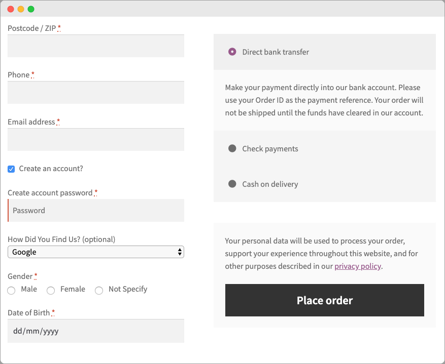 Fields on checkout page