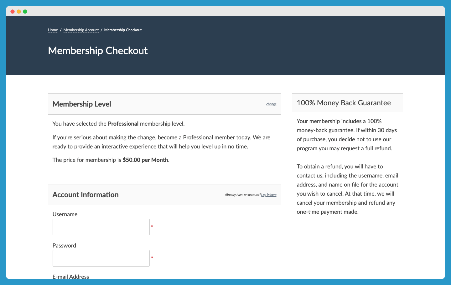 pmpro checkout page