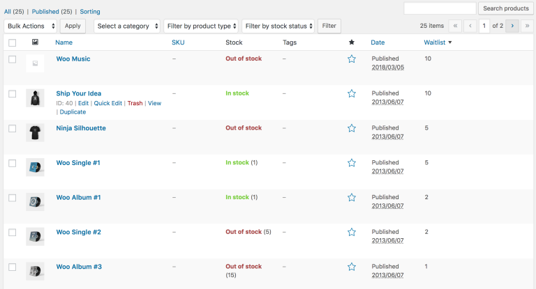 product listing page