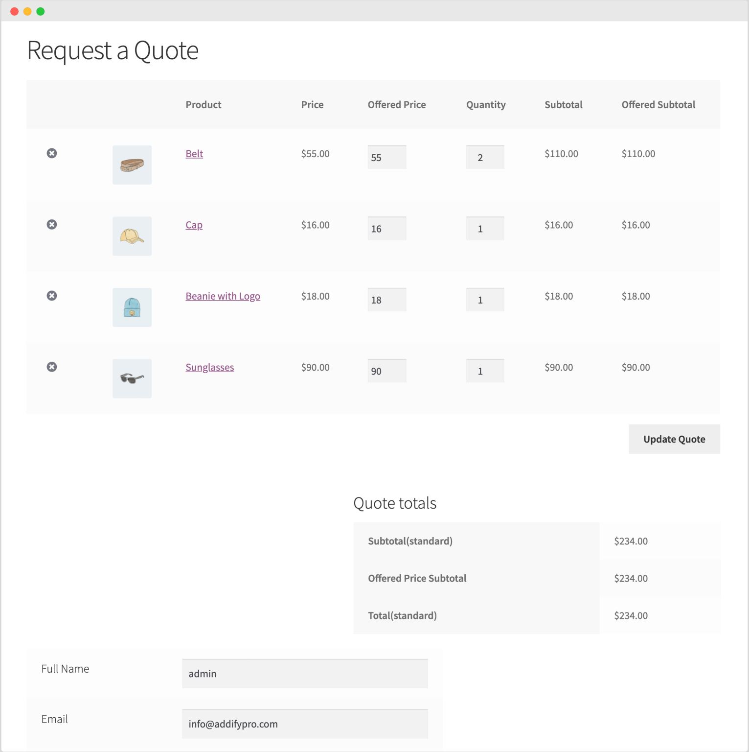 Quote basket page