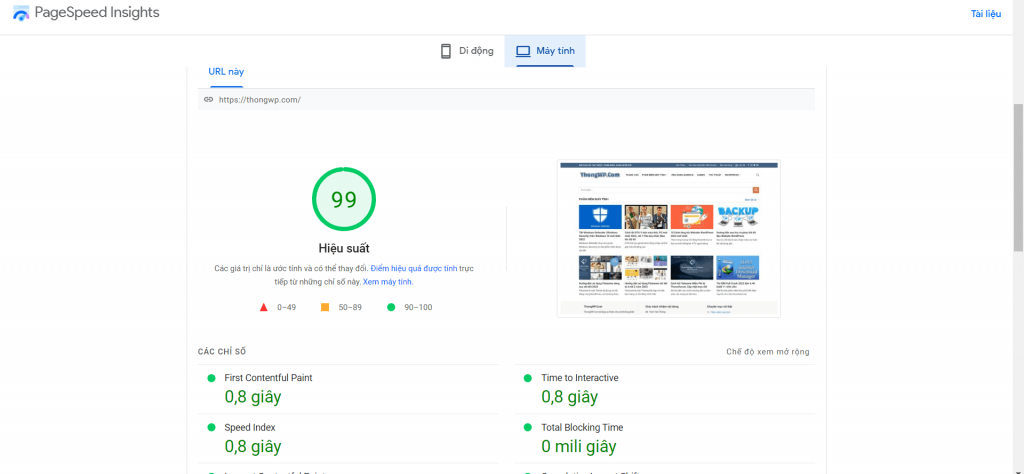 Điểm số của ThongWP.com đạt gần tuyệt đối khi sử dụng WP Rocket
