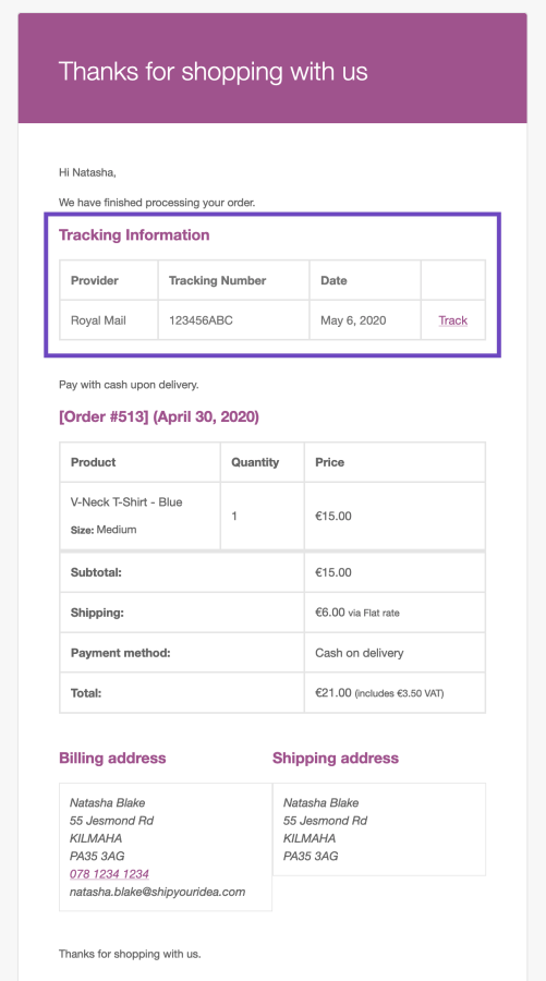 shipment tracking order complete email
