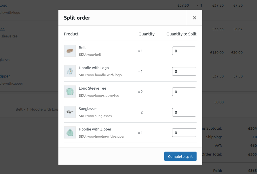 split orders dialog