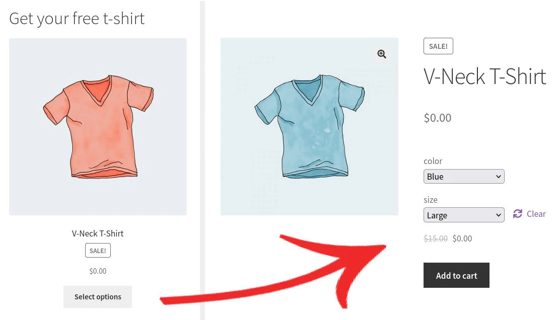 woocommerce bogo select size free gift