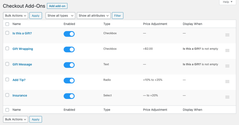 woocommerce checkout add ons admin