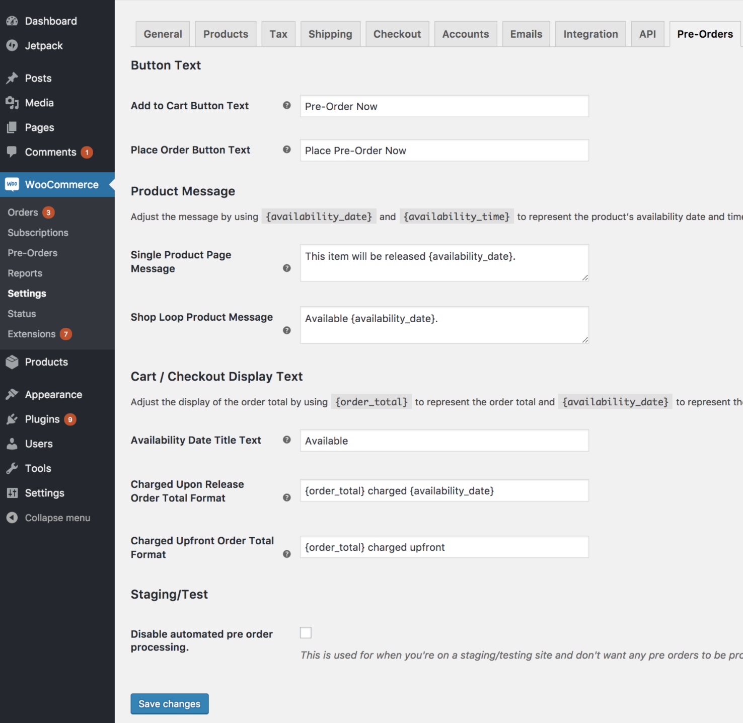 woocommerce pre orders settings