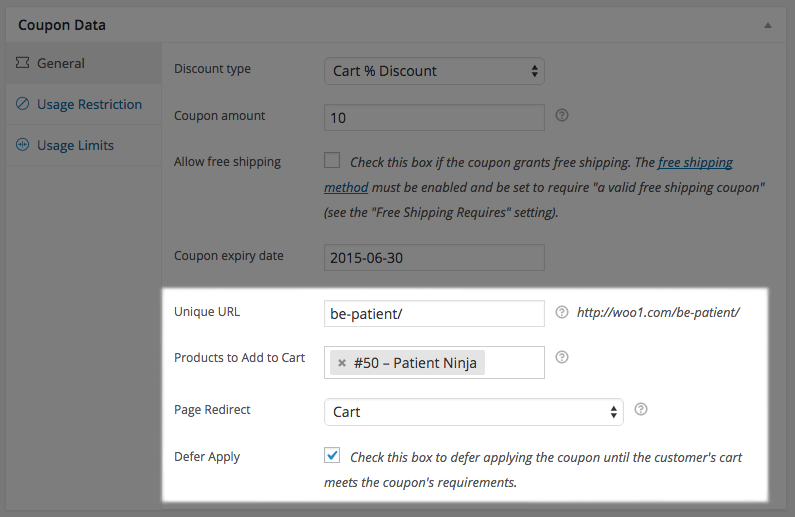 woocommerce url coupons new coupon